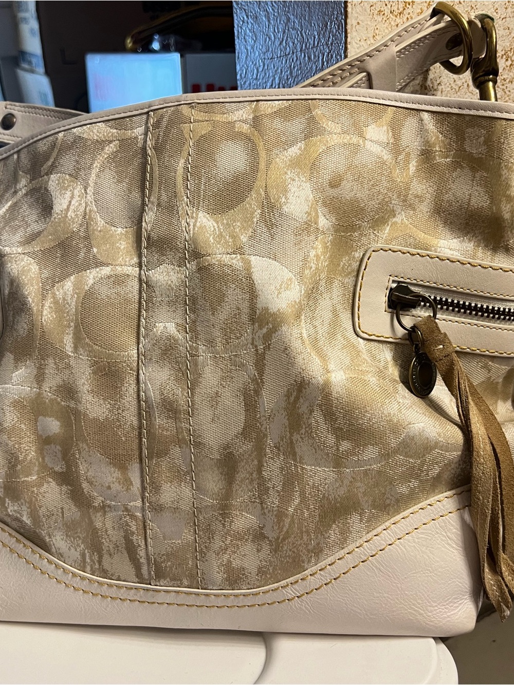 Coach Signature Shoulder Bag in Beige and White